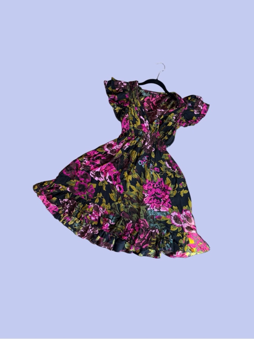 Betsey Johnson Black Floral Dress with Pink and Green Print